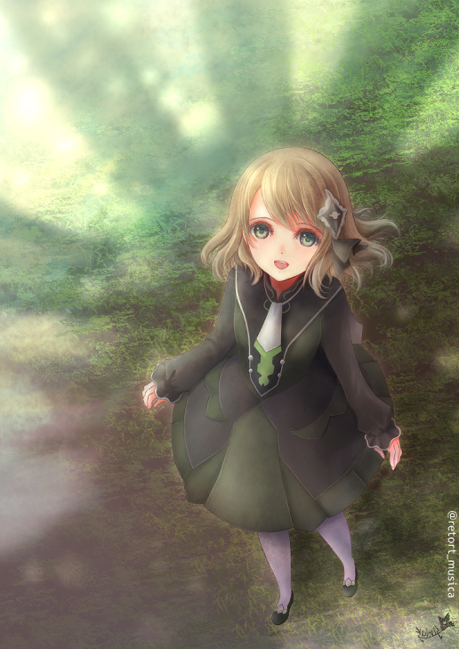 1girl artist_logo ascot black_footwear commentary_request gen_6_pokemon grass legendary_pokemon light_brown_hair logo looking_at_viewer nintendo official_alternate_costume open_mouth pokemon pokemon_(creature) pokemon_masters_ex serena_(pokemon) serena_(sygna_suit)_(pokemon) shadow short_hair sirius. smile standing zygarde zygarde_(50%)