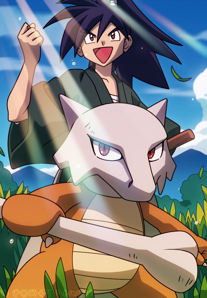 1boy :d bone chest_sarashi clenched_hand commentary_request day falling_leaves gen_1_pokemon grass green_kimono hair_between_eyes hand_up japanese_clothes kimono komepan leaf light_rays long_hair male_focus marowak nintendo open_mouth otoshi_(pokemon) outdoors pokemon pokemon_(anime) pokemon_(classic_anime) pokemon_(creature) ponytail sarashi skull sky smile wide_sleeves