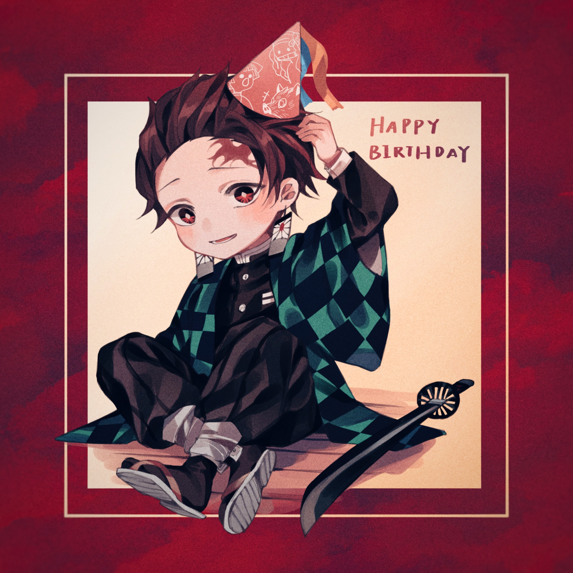1boy agatsuma_zenitsu amo_(amo_0514) black_haori black_jacket black_pants black_socks border bright_pupils brown_hair checkered_haori commentary_request crossed_ankles deformed demon_slayer_uniform earrings facial_mark forehead_mark full_body green_haori hanafuda_earrings hand_up haori happy_birthday hashibira_inosuke hat highres inset_border jacket japanese_clothes jewelry kamado_nezuko kamado_tanjirou katana kimetsu_no_yaiba knees_up long_sleeves looking_at_viewer lower_teeth_only male_focus mandarin_collar on_floor open_mouth outside_border pants party_hat pink_hat raised_eyebrows red_border red_eyes sandals short_hair sitting smile socks solo sword tabi teeth tilted_headwear weapon white_background white_border white_pupils white_sandals wooden_floor zouri