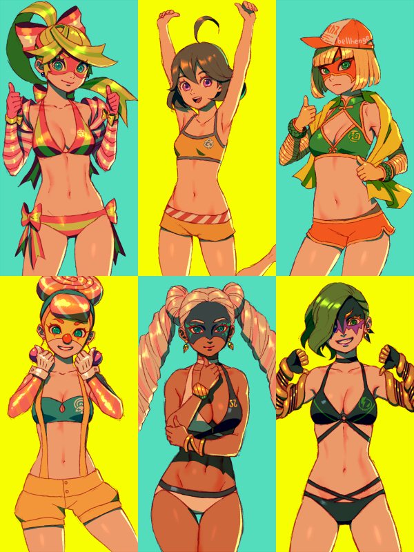 6+girls ahoge arms_(game) bellhenge bikini braid dark-skinned_female dark_skin domino_mask dr._coyle glasses hair_bun headband jacket lola_pop long_arms long_hair mask mechanica_(arms) min_min_(arms) multiple_girls navel nintendo ponytail ribbon_girl_(arms) ribbon_hair short_hair shorts single_hair_bun smile swimsuit twintails twintelle_(arms)