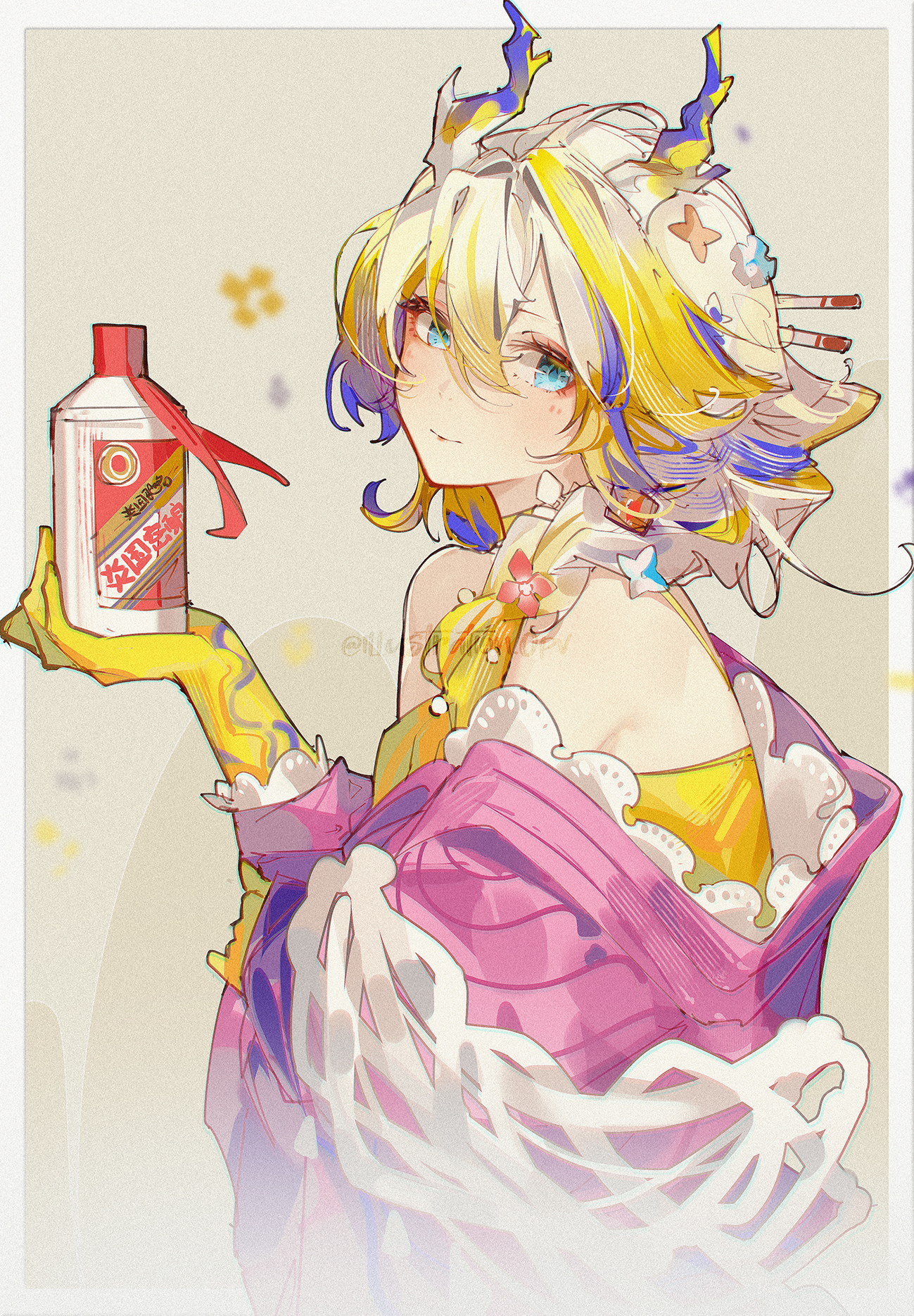 1girl aqua_eyes arknights blonde_hair blue_hair bottle brand_name_imitation closed_mouth colored_extremities commentary dragon_horns hair_between_eyes hair_ornament hair_stick highres holding holding_bottle horns looking_at_viewer multicolored_hair openvl shu_(arknights) shu_(spring_feast)_(arknights) solo upper_body white_hair yellow_hands