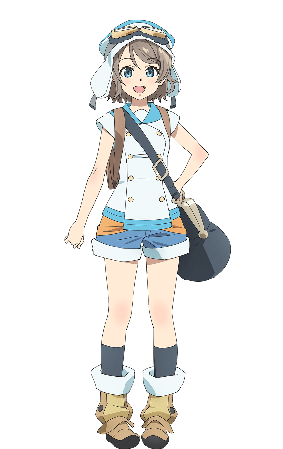 1girl :d black_socks blue_eyes blue_hat blue_shorts boots brown_boots brown_hair buttons double-breasted full_body genjitsu_no_yohane goggles goggles_on_headwear hand_on_own_hip hat highres love_live! love_live!_sunshine!! official_art open_mouth shirt short_hair short_shorts short_sleeves shorts simple_background smile socks solo standing tachi-e transparent_background watanabe_you white_shirt you_(genjitsu_no_yohane)