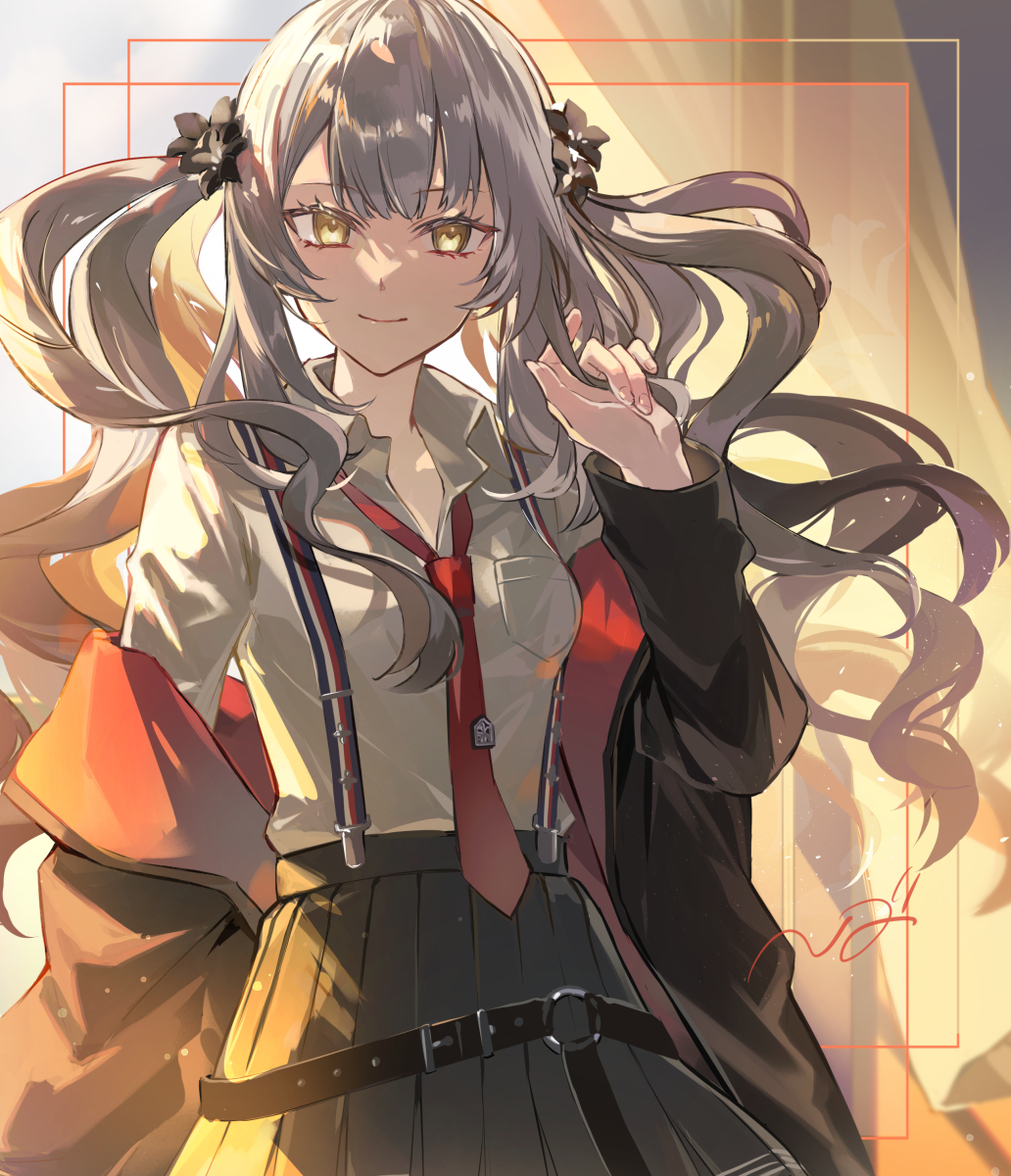 1girl backlighting black_jacket breasts collared_shirt fate/grand_order fate_(series) flower gradient_hair grey_hair grey_skirt hair_flower hair_ornament highres jacket long_hair long_sleeves looking_at_viewer marie_antoinette_(fate) marie_antoinette_alter_(fate) medium_breasts multicolored_hair multicolored_jacket necktie off_shoulder poppoman red_jacket school_uniform shirt sidelocks skirt smile solo suspender_skirt suspenders two-tone_jacket white_hair white_shirt yellow_eyes