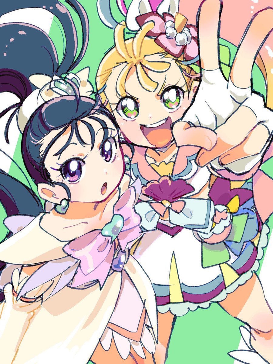 2girls :d ahoge azuma_yukihiko blonde_hair cure_egret cure_summer detached_sleeves dress earrings eyelashes fingerless_gloves flower futari_wa_precure_splash_star gloves gradient_hair green_eyes hair_flower hair_ornament happy heart heart_earrings highres in-franchise_crossover jewelry long_hair looking_at_viewer magical_girl mishou_mai multicolored_hair multiple_girls natsuumi_manatsu open_mouth pink_hair ponytail precure purple_eyes purple_hair sketch smile standing tropical-rouge!_precure v very_long_hair white_dress white_gloves