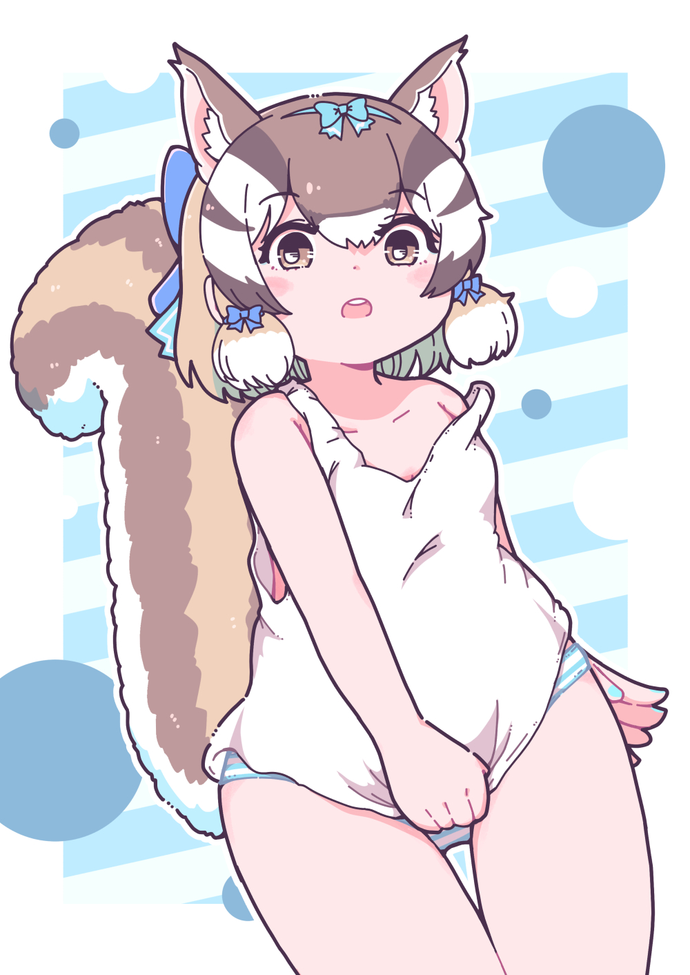 1girl animal_ears blue_background brown_eyes brown_hair chipmunk_ears chipmunk_girl chipmunk_tail extra_ears highres kemono_friends kemono_friends_v_project looking_at_viewer numazoko_namazu panties ribbon short_hair siberian_chipmunk_(kemono_friends) simple_background solo tail tank_top underwear virtual_youtuber white_hair
