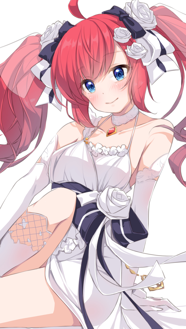 1girl ahoge azur_lane bare_shoulders black_ribbon blue_eyes closed_mouth dress dress_flower flower gem gloves hair_flower hair_ornament hair_ribbon jewelry knee_up long_hair looking_at_viewer mikuchi3939 necklace official_alternate_costume red_gemstone red_hair ribbon san_diego_(azur_lane) san_diego_(no._1_june_bride!)_(azur_lane) sitting smile solo thighhighs twintails wedding_dress white_dress white_flower white_gloves white_ribbon white_thighhighs