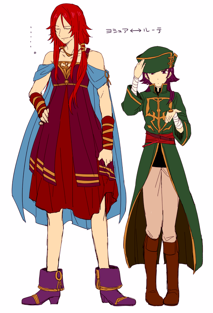 1boy 1girl bandaged_arm bandages boots coin cosplay costume_switch crossdressing fire_emblem fire_emblem:_the_sacred_stones holding holding_coin joshua_(fire_emblem) joshua_(fire_emblem)_(cosplay) knee_boots leather leather_boots lute_(fire_emblem) lute_(fire_emblem)_(cosplay) nintendo purple_hair red_hair saichi_(meme+) translation_request