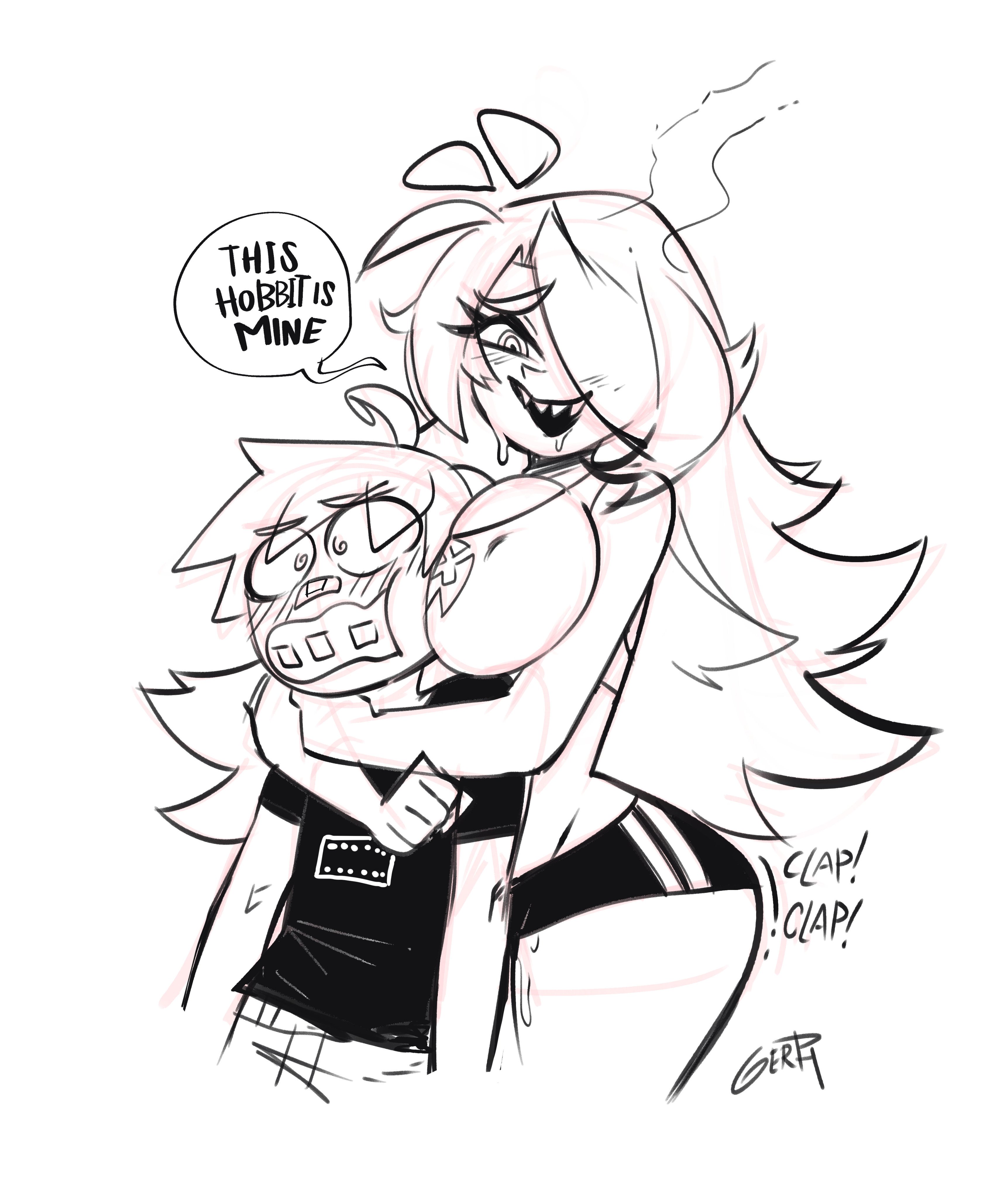 1boy 1girl absurdres ass blush breasts gerph highres hug large_breasts long_hair monochrome original sharp_teeth shorts size_difference skarpne smile sweat teeth wide_hips