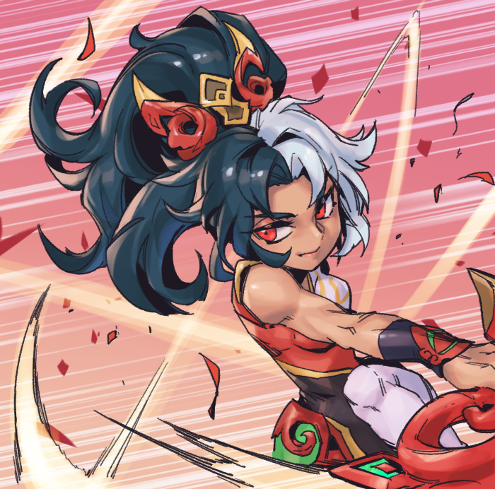 1girl bare_shoulders black_hair breasts closed_mouth dress emphasis_lines hair_ornament large_breasts league_of_legends mythmaker_sivir phantom_ix_row ponytail red_background red_dress red_eyes shiny_skin sivir smile solo thighhighs white_dress white_hair white_thighhighs
