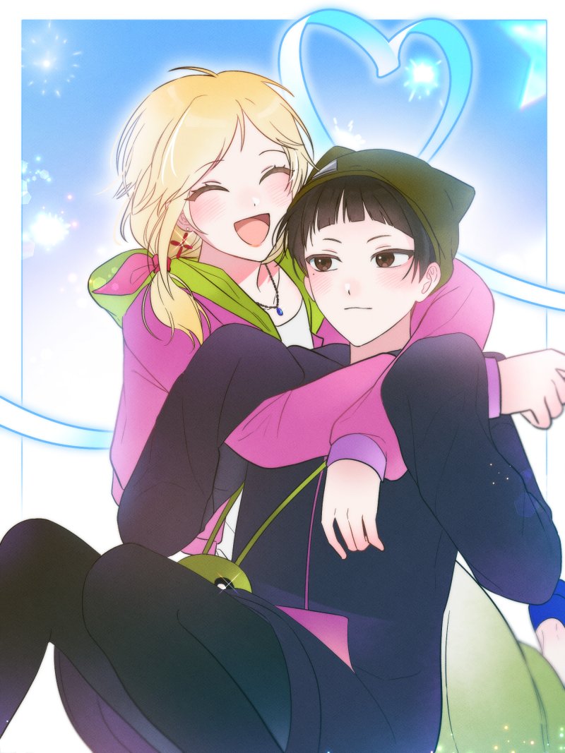 1girl 2girls digimon digimon_survive female_focus hat heart kimishima_saki multiple_girls shinonome_miu solo