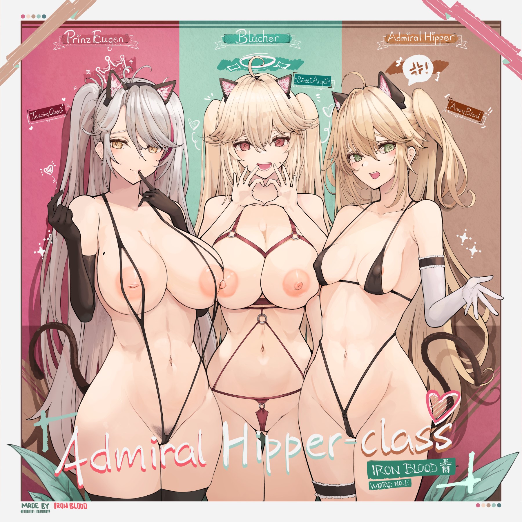 3girls :d admiral_hipper_(azur_lane) anger_vein animal_ears azur_lane bikini black_bikini black_gloves blonde_hair bluecher_(azur_lane) blush breasts cat_ears cat_tail commentary covered_erect_nipples cowboy_shot elbow_gloves english_commentary finger_to_mouth frilled_thigh_strap gloves green_eyes groin hair_between_eyes hand_to_own_mouth hand_up hands_up heart heart_hands highleg highleg_bikini highres hip_focus inverted_nipples large_breasts long_hair looking_at_viewer medium_breasts mixed-language_commentary mole mole_on_breast multicolored_hair multiple_girls navel nipples open_mouth prinz_eugen_(azur_lane) pubic_hair pubic_hair_peek red_eyes red_hair small_breasts smile spoken_anger_vein streaked_hair swimsuit tail thigh_strap two-tone_hair two_side_up very_long_hair white_gloves white_hair yellow_eyes yusha_m