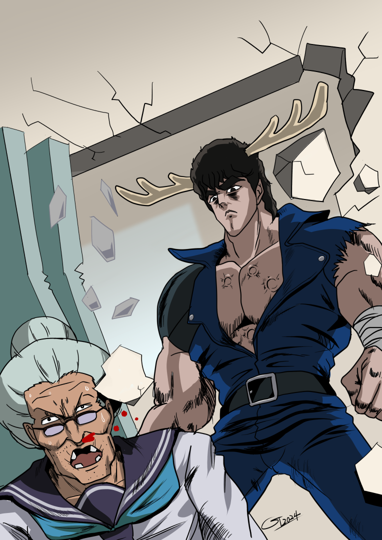 animal_ears antlers aqua_neckerchief belt big_dipper black_belt blood blue_jacket blue_neckerchief blue_sailor_collar broken brown_eyes brown_hair constellation deer deer_ears dekai_babaa glasses gt_ojisan hokuto_no_ken horns jacket kenshiro koshi_torako looking_at_another man_face manly meme muscular neckerchief nokotan_entering_a_classroom_(meme) parody sailor_collar serious shikairo_days shikanoko_noko shikanoko_nokonoko_koshitantan single_bracer single_shoulder_pad standing style_parody