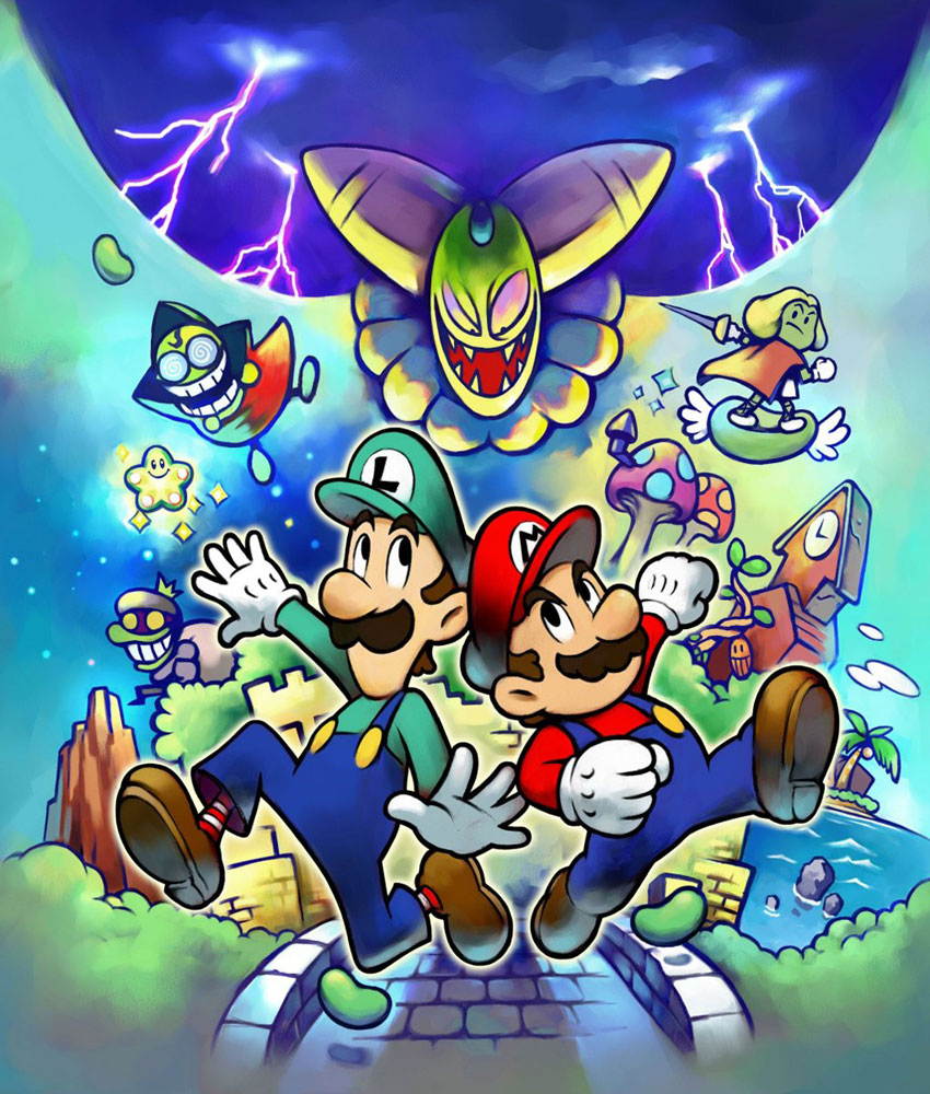 1girl 5boys bean_star blue_overalls brown_hair newsboy_cap cackletta cape clock clock_tower cloud coconut_tree coke-bottle_glasses facial_hair facing_viewer fangs fawful full_body glasses gloves green_headwear green_sweater hat lightning luigi mario mario_&amp;_luigi_rpg mario_(series) multiple_boys mushroom mustache night night_sky nintendo ocean official_art outdoors outline overalls palm_tree popple prince_peasley red_headwear red_sweater round_eyewear running running_bond sharp_teeth sky star_(sky) starry_sky super_mario_bros._1 sweater sword tagme teeth tower tree weapon white_gloves
