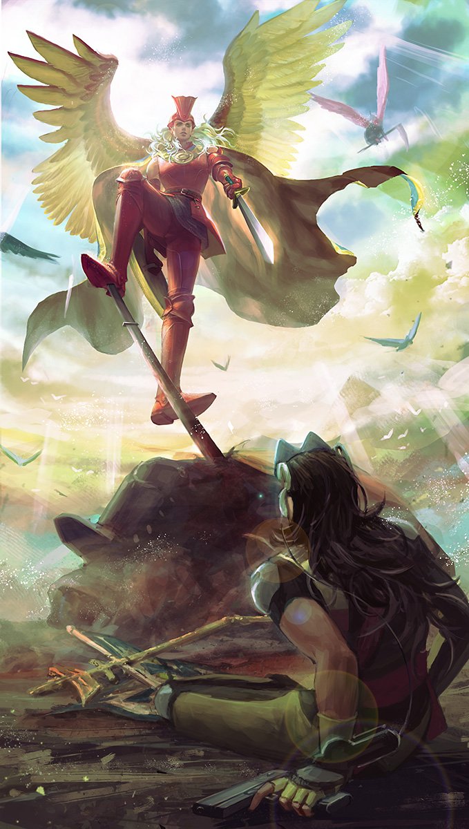 6+boys aiming aleph_(megami_tensei) angel angel_wings armor black_hair blood bloody_weapon camael cape commentary_request corpse demon_(megami_tensei) feathered_wings fingerless_gloves flying gloves gun handgun helmet highres holding holding_gun holding_scythe holding_sword holding_weapon katana lens_flare long_hair looking_at_another multiple_boys o_c_x pink_wings planted planted_sword planted_weapon pointing pointing_at_another pointing_melee_weapon red_armor sariel_(megami_tensei) scythe shin_megami_tensei shin_megami_tensei_ii shoulder_armor single_fingerless_glove sitting standing standing_on_object standing_on_sword sword weapon wings wrist_computer