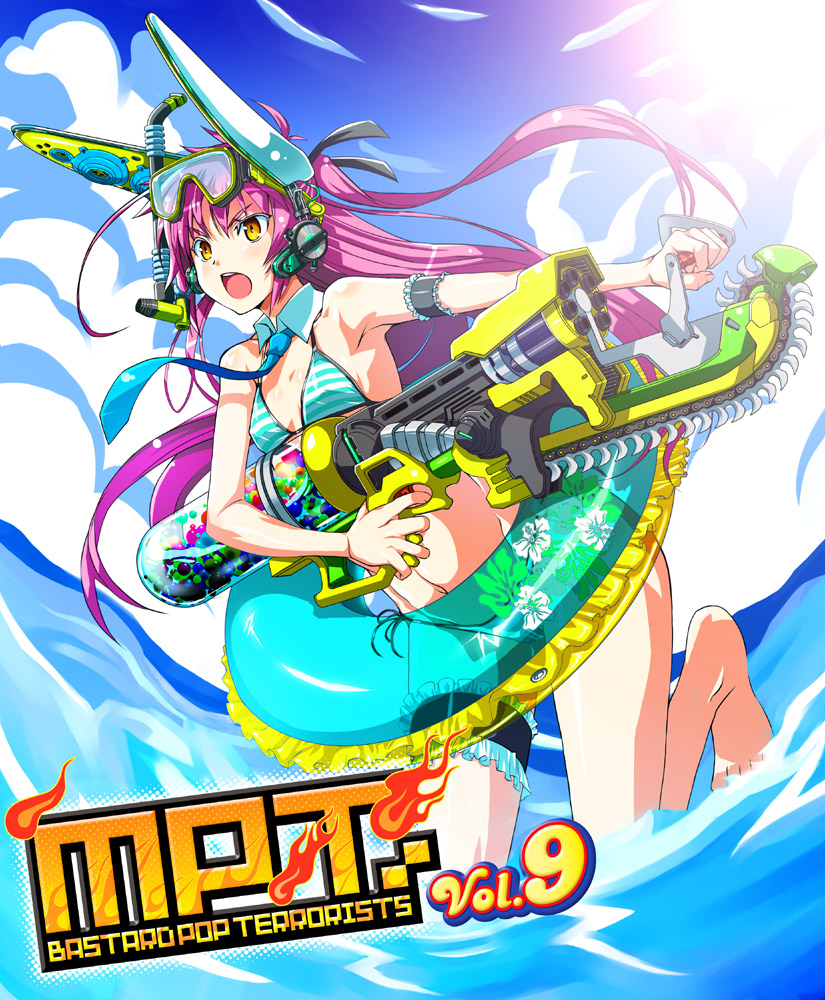 1girl album_cover animal_ears armlet bikini breasts chainsaw commentary_request cover day diving_mask female_focus gatling_gun gears_of_war goggles groin gun innertube jewelry lancer_(gears_of_war) lens_flare long_hair navel necktie nerf_gun ocean open_mouth original parody pink_hair rabbit_ears shike_naoto small_breasts snorkel solo striped_bikini striped_clothes swim_ring swimsuit water_gun weapon yellow_eyes