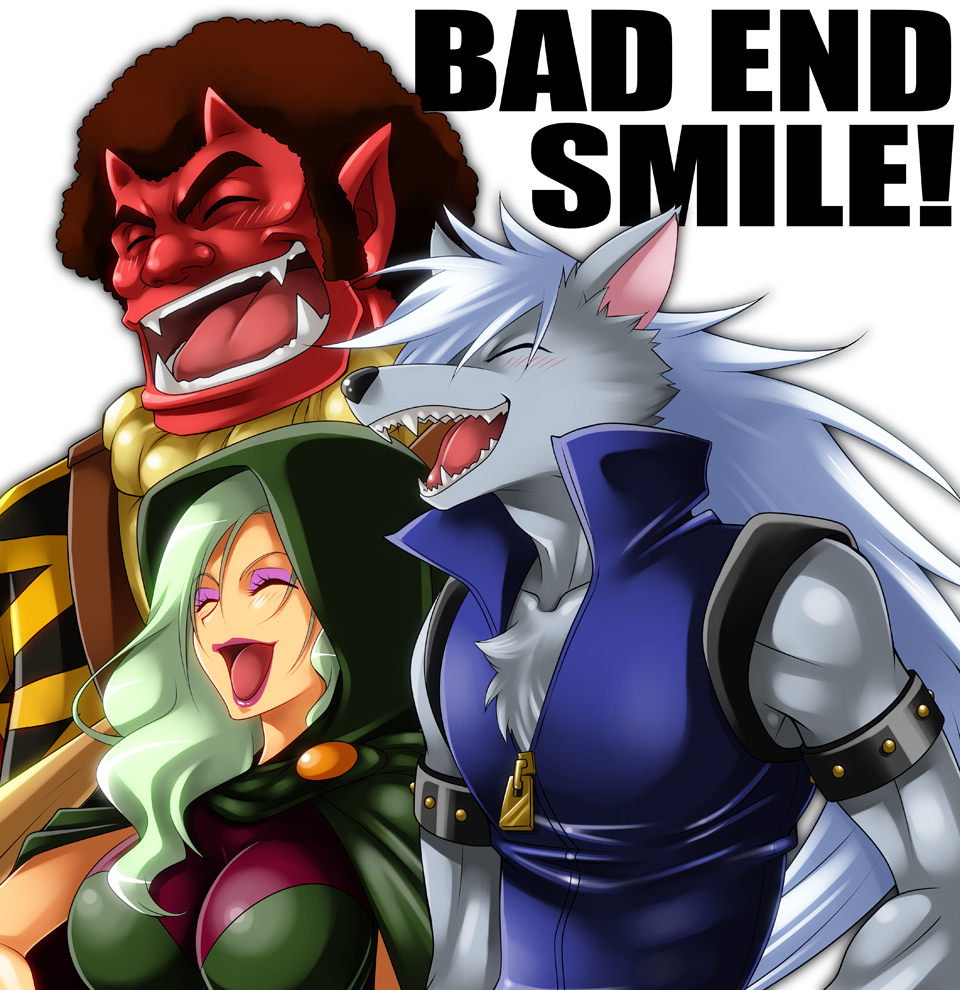 1girl 2boys akaooni animal_print armlet blue_jumpsuit body_fur brown_hair closed_eyes colored_skin english_text furry furry_male green_hair green_robe grey_fur high_collar horns jewelry jumpsuit laughing long_hair majorina multiple_boys oni open_mouth pointy_ears precure red_skin robe simple_background sleeveless_jumpsuit smile_precure! studded_armlet tiger_print tusks upper_body very_long_hair wauwa white_background white_hair wolf_boy wolfrun