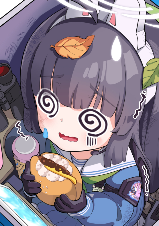1girl @_@ animal_ears arrow_(symbol) binoculars bird black_hair blue_archive blue_serafuku blush bolt_action burger cameo cheese cup disposable_cup drink drinking_straw eating english_text fake_animal_ears food from_above green_neckerchief gun halo henohenomoheji hm_(hmongt) holding holding_food in_container leaf leaf_on_head looking_at_viewer miyu_(blue_archive) mosin-nagant neckerchief pantyhose rabbit_ears recycling_symbol red_eyes rifle school_uniform sensei_(blue_archive) serafuku simple_background solo sparrow squatting tablet_pc tears trapped trash_can twig twitter_username weapon white_background white_pantyhose