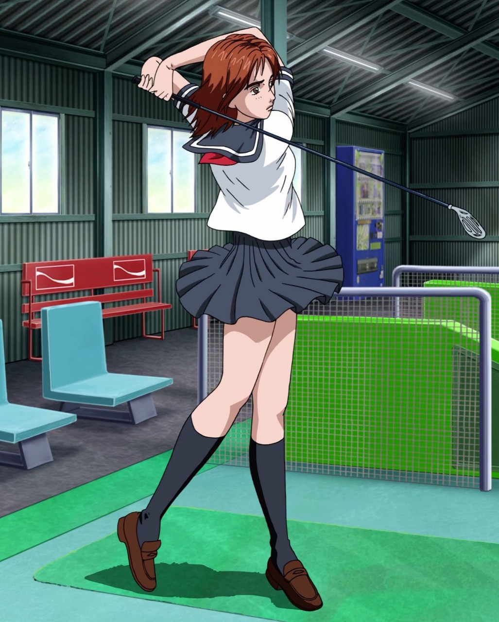 1girl anime_screenshot bag breasts brown_eyes brown_footwear brown_hair collarbone cowboy_shot from_front golf golf_club high_socks highres initial_d medium_breasts medium_hair official_alternate_costume official_art red_ribbon ribbon sailor_uniform school_uniform shoulder_bag skirt skirt_tug standing stitched straight-on third-party_edit uehara_mika