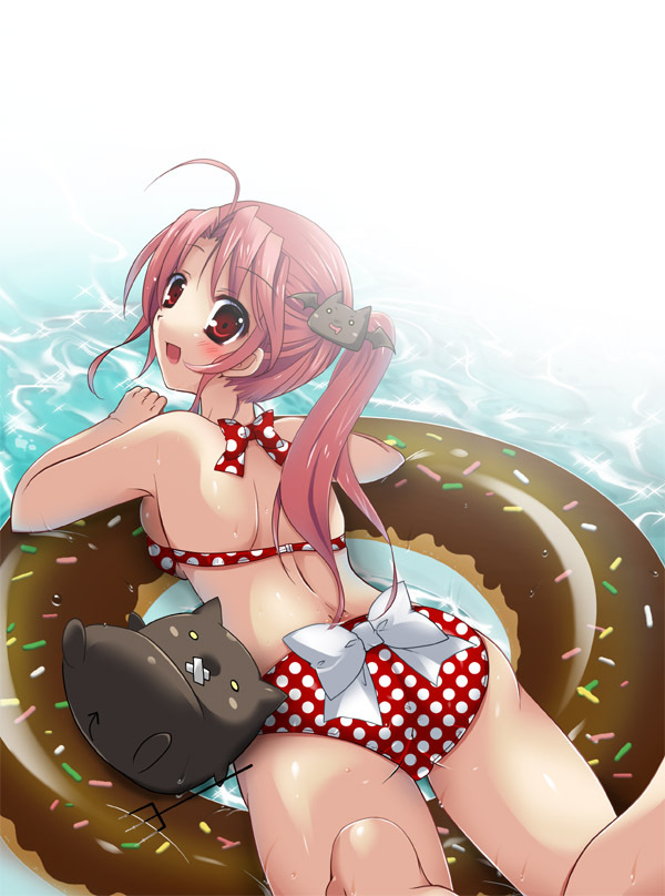1girl ahoge ass back bikini blush breasts comiket_78 commentary_request creature crossed_bandaids demon deviruchi donut_innertube feet_out_of_frame high_ponytail long_hair looking_at_viewer medium_breasts open_mouth pink_hair polka_dot polka_dot_bikini ponytail ragnarok_online red_bikini red_eyes sakura_yuu_(sakurairo) smile solo swimsuit water