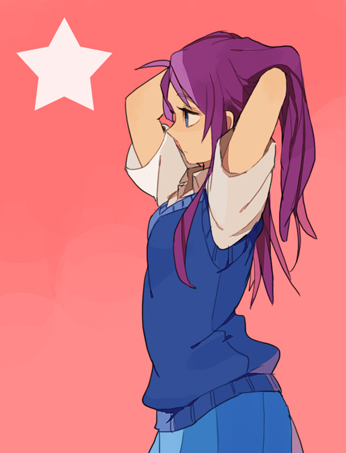 1girl adjusting_hair arms_up blue_eyes female_focus gradient_background inazuma_eleven inazuma_eleven_(series) kudou_fuyuka long_hair pink_background profile purple_hair rina rina_(toymicazm) school_uniform solo star_(symbol) sweater_vest