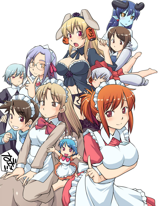 6+girls animal_ears arms_up astaroth_(shinrabanshou) bad_id bad_pixiv_id black_sclera blue_hair blue_skin breast_hold breasts brown_eyes brown_hair chikoi cleavage colored_sclera colored_skin daiginjou earrings futaba_channel garter_belt glasses heart heart_earrings hinemosu_notari horns jewelry kiri-san kudoi lace large_breasts long_hair maid medium_breasts medoi mini_person minigirl modoi multiple_girls nijiura_maids o/ orange_hair outstretched_arms purple_eyes purple_hair rabbit_ears red_eyes shinrabanshou short_hair smile thighhighs yamada-san yami_yuki yellow_eyes