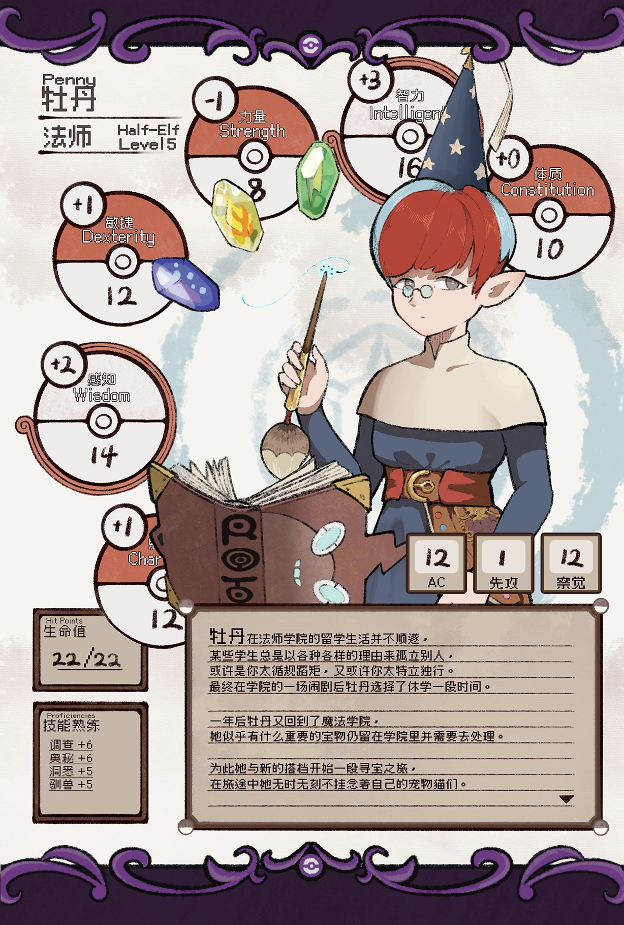 1girl alternate_costume alternate_species blue_hair book bright_pupils character_name closed_mouth commentary_request doubt5 dress evolution_stone evolutionary_stone fire_stone game_freak gen_4_pokemon glasses hand_up hat highres holding holding_wand long_sleeves multicolored_hair nintendo penny_(pokemon) pointy_ears pokemon pokemon_sv red_hair reference_sheet rotom rotom_(other) round_eyewear short_hair solo star_(symbol) star_print thunder_stone translation_request two-tone_hair wand water_stone
