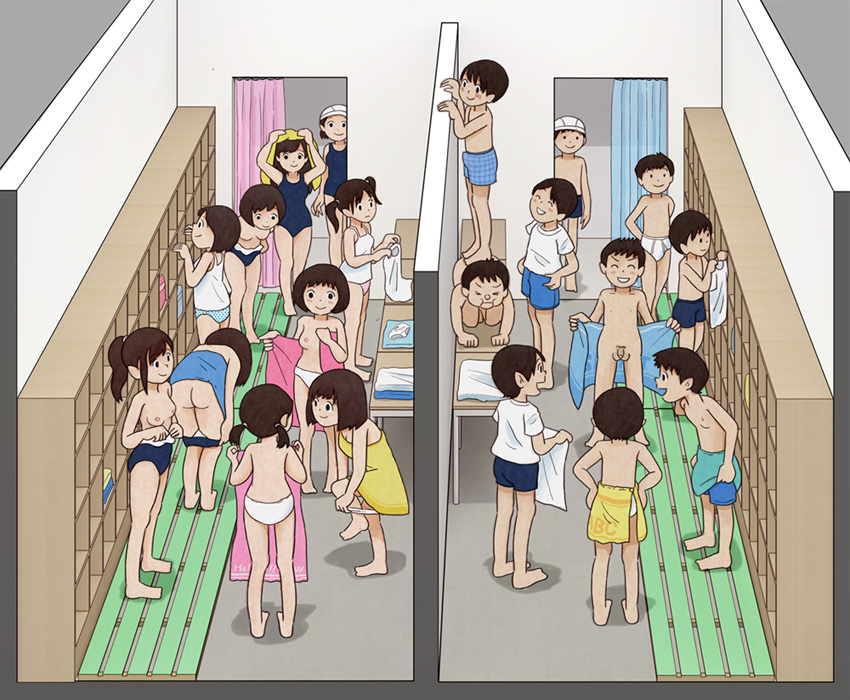 6+boys 6+girls ass breasts changing_room kiyo_(kyokyo1220) multiple_boys multiple_girls naked_towel nipples nude original panties peeking penis school_swimsuit standing_on_person swimsuit towel underwear undressing voyeurism white_panties