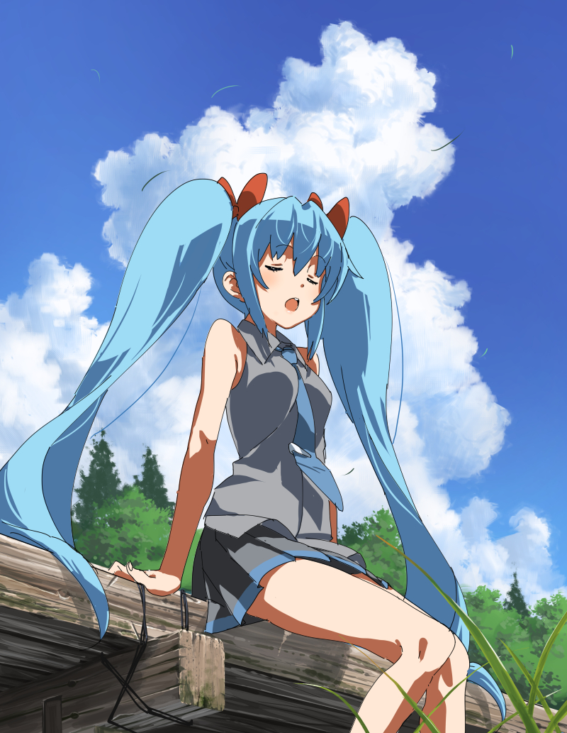 1girl aqua_eyes aqua_hair aqua_necktie bare_shoulders black_skirt blade_of_grass blouse blue_sky bow closed_eyes cloud cumulonimbus_cloud domo1220 grass grey_shirt hair_bow hatsune_miku long_hair miniskirt necktie open_mouth outdoors pleated_skirt shirt sitting skirt sky sleeveless sleeveless_shirt solo tree twintails very_long_hair vocaloid
