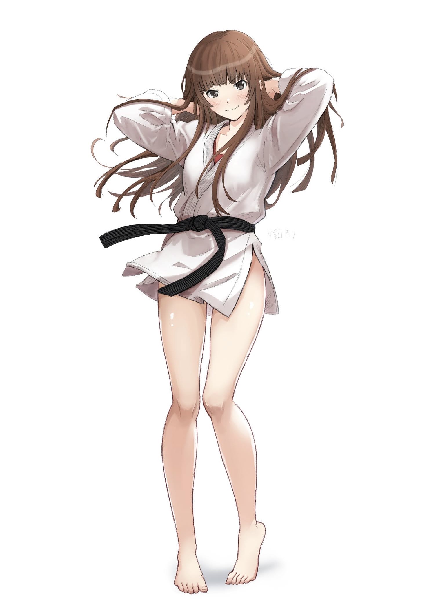 1girl amagami arms_up artist_name barefoot belt black_eyes blunt_bangs blush breasts brown_eyes brown_hair closed_mouth collarbone dougi full_body gyuunyuu_pack_(tanaka) hands_in_hair highres kamizaki_risa long_hair long_sleeves looking_at_viewer martial_arts_belt obi pigeon-toed red_shirt sash shirt simple_background small_breasts smile solo standing thighs tiptoes white_background white_shirt