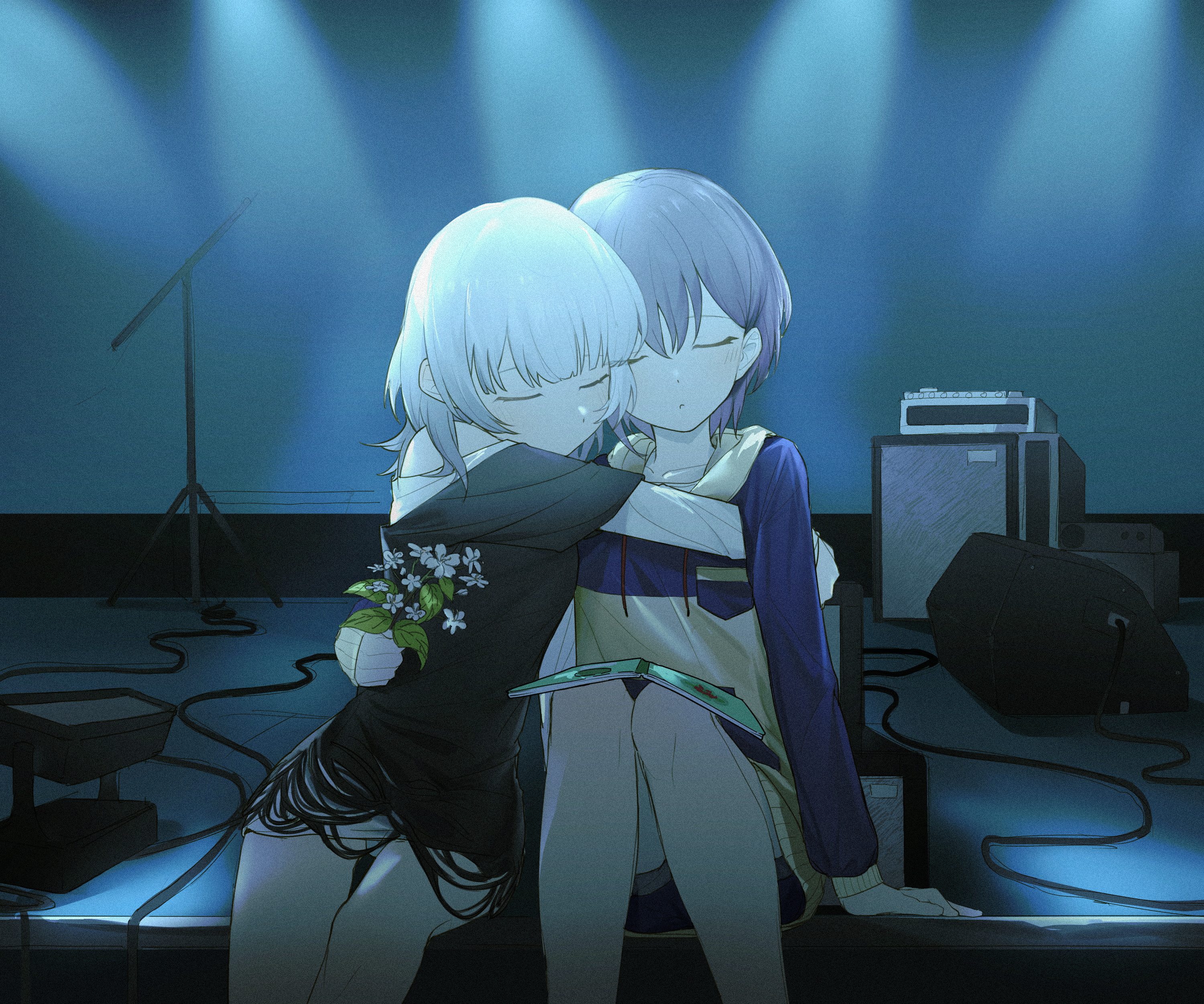2girls absurdres amplifier anli_(jwcpp4sum0mgk5r) bang_dream! bang_dream!_it's_mygo!!!!! black_shirt blue_hoodie blue_shorts blush closed_eyes closed_mouth commentary english_commentary flower grey_hair highres holding holding_flower hood hood_down hoodie hug kaname_raana layered_sleeves long_sleeves microphone_stand multiple_girls notebook shirt short_hair short_over_long_sleeves short_sleeves shorts takamatsu_tomori translation_request white_hair white_shirt yuri