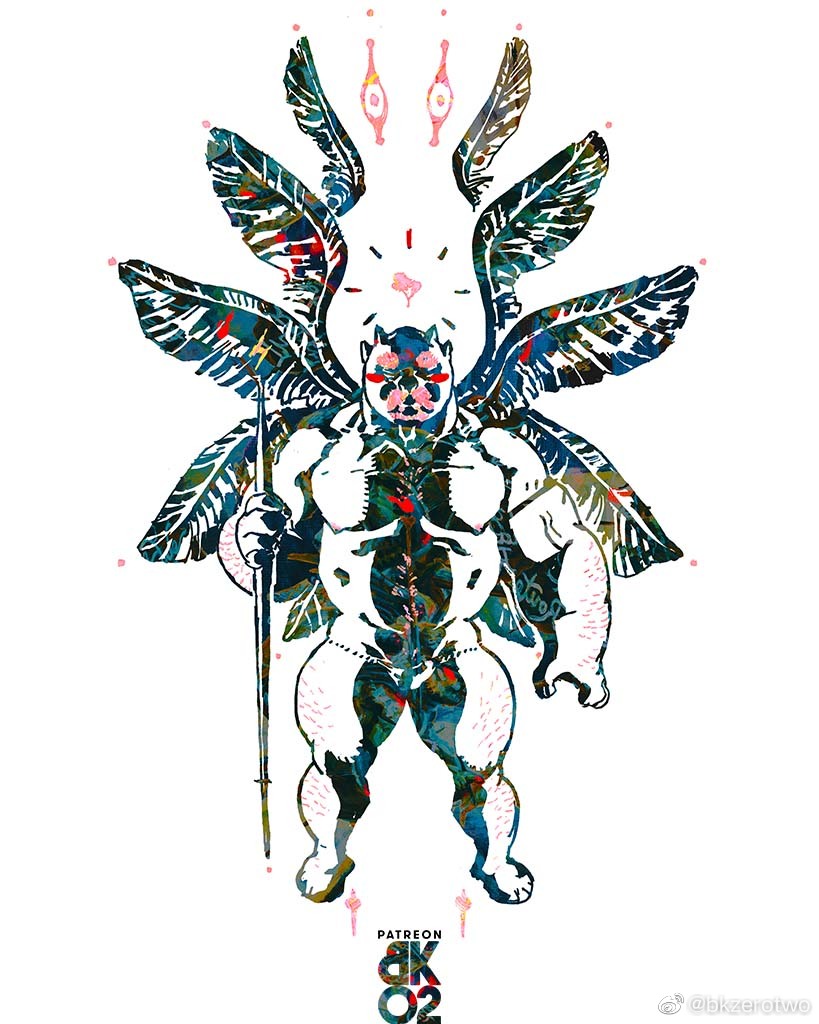 1boy bara belly bk_zerotwo blush_stickers bulge extra_eyes fat fat_man full_body hairy halo halo_behind_head limited_palette loincloth looking_at_viewer male_focus mature_male multiple_wings muscular muscular_male navel nipples original painting_(medium) plant_wings solo sparse_arm_hair sparse_chest_hair sparse_leg_hair standing stomach straight-on strongman_waist thick_eyebrows traditional_media ugly_bastard watercolor_(medium) wings