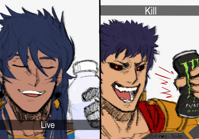 2boys black_sclera blue_hair caligula_(fate) can closed_eyes colored_sclera dark-skinned_male dark_blue_hair dark_skin english_text envysoda fake_phone_screenshot fake_screenshot fate/grand_order fate_(series) gloves glowing glowing_eyes greco-roman_clothes hair_between_eyes holding holding_can long_hair male_focus multiple_boys red_eyes roman_clothes romulus_quirinus_(fate) smile snapchat thick_eyebrows upper_body