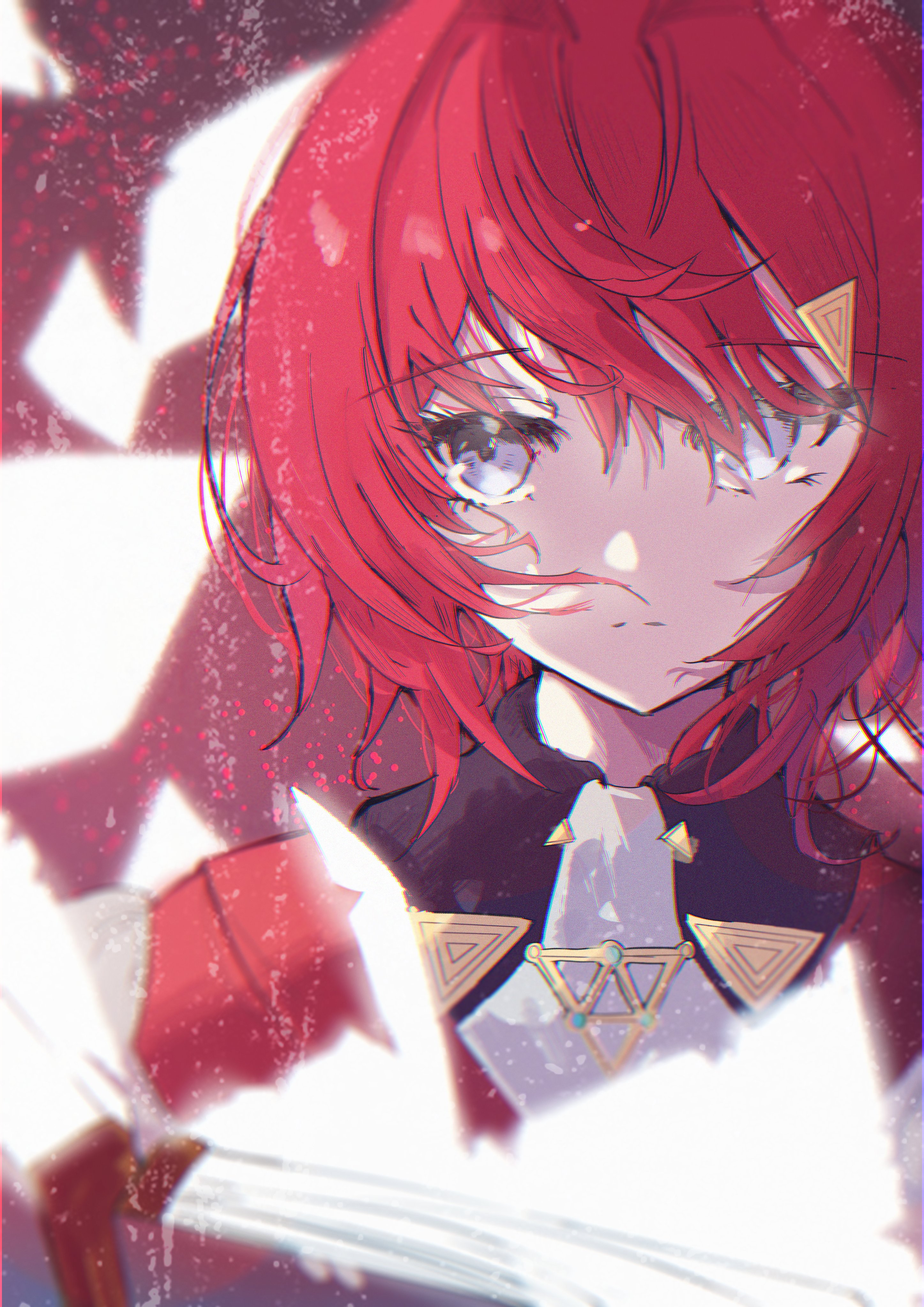 1girl absurdres ange_katrina ange_katrina_(1st_costume) book closed_mouth commentary eyelashes glowing_book grey_eyes hair_ornament hair_over_one_eye highres kisaragimion light_frown looking_to_the_side nijisanji open_book pages purple_background red_hair short_hair solo split_mouth straight-on triangle_hair_ornament upper_body virtual_youtuber