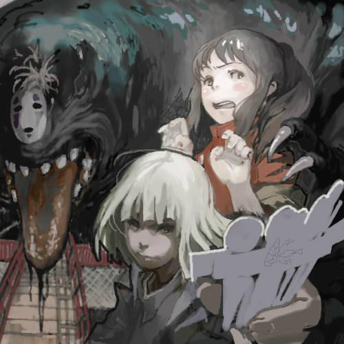 1boy 1girl 1other bridge brown_hair claws haku_(sen_to_chihiro_no_kamikakushi) holding kaonashi lowres mask monster ogino_chihiro sen_to_chihiro_no_kamikakushi takeyuki15 teeth tongue tongue_out white_hair