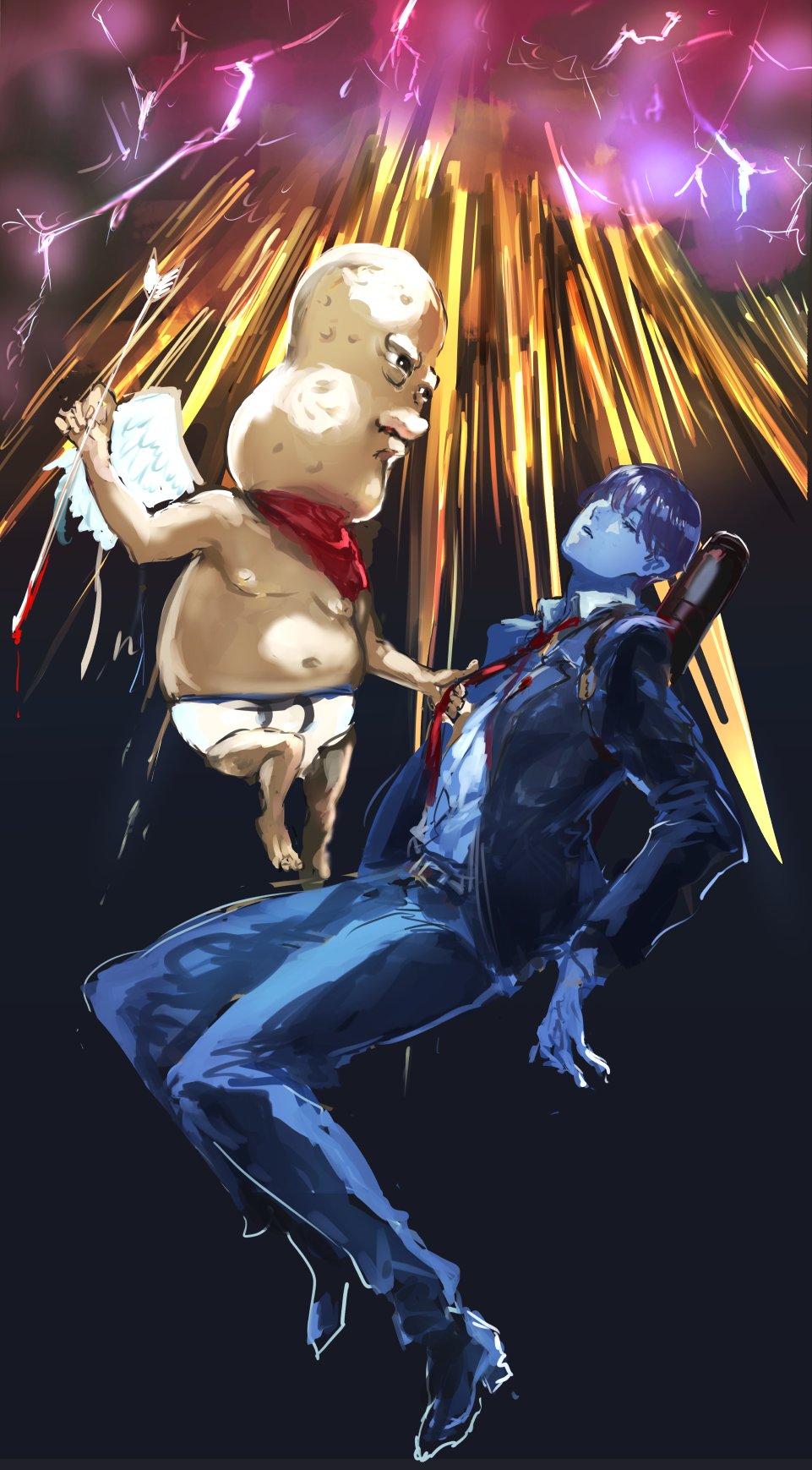 2boys angel_wings arrow_(projectile) bald bandana bandana_around_neck black_eyes blazer bleeding blood bloody_weapon briefs closed_eyes clothes_grab colored_skin commentary_request dress_shirt electricity fat fat_man floating from_side greek_commentary half-closed_eyes highres holding holding_arrow jacket kenmochi_touya kenmochi_touya_(1st_costume) long_sleeves looking_at_another male_focus male_underwear mode_aim multiple_boys necktie necktie_grab neckwear_grab nijisanji nipples open_clothes open_jacket osakana_(denpa_yun&#039;yun) pants peanuts-kun red_bandana red_necktie school_uniform shirt shirt_tucked_in shoes short_hair stab underwear underwear_only virtual_youtuber weapon weapon_bag weapon_on_back wings yellow_skin