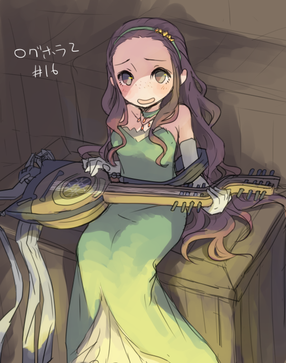 1girl brown_eyes brown_hair choker collarbone dress elbow_gloves female_focus flat_chest gloves green_dress green_hairband grey_gloves hairband holding holding_instrument instrument isuzu_(log_horizon) log_horizon long_dress long_hair looking_at_viewer lute_(instrument) mo_(deciliter) open_mouth sitting sleeveless sleeveless_dress solo strapless strapless_dress very_long_hair