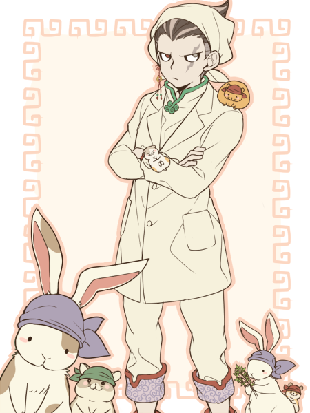 10s 1boy alternate_costume animalization black_hair rabbit cham-p chuunibyou crossed_arms danganronpa_(series) earrings grey_eyes grey_hair hamster heterochromia jewelry jum-p maga-g male_focus multicolored_hair red_eyes saku_anna scar scarf solo sun-d danganronpa_2:_goodbye_despair tanaka_gundham tanaka_gundam