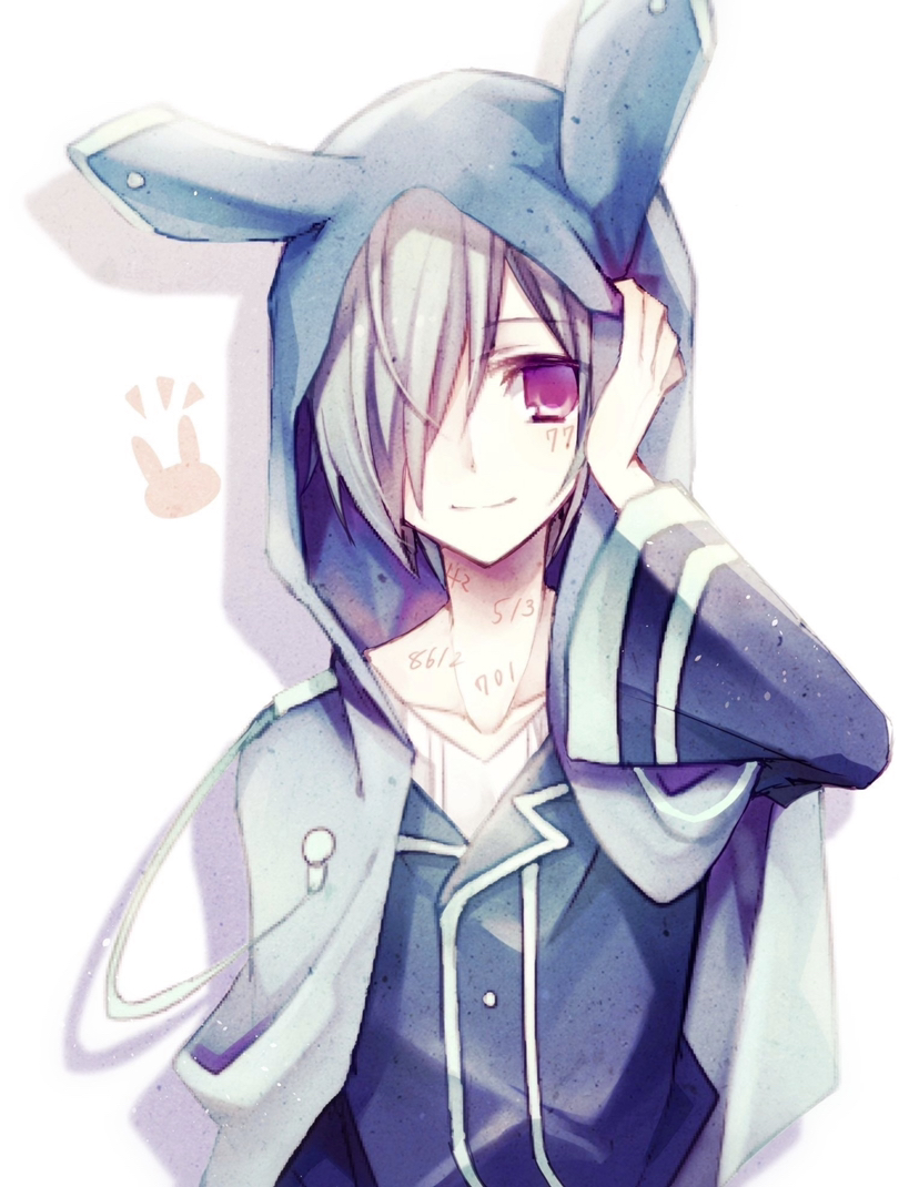 1bitheart 1boy aisaka_mikado animal_ears aqua_hair blue_shirt fake_animal_ears fujikawa_(honomayu) green_hood hair_over_one_eye hand_on_own_head hood hood_up long_sleeves male_focus numbered one_eye_covered pink_eyes rabbit_ears shirt solo tattoo white_background