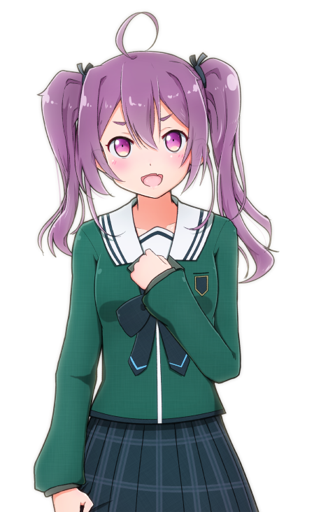 1girl 22/7 :d ahoge black_bow black_bowtie black_skirt bow bowtie collarbone cowboy_shot fang furoggu-gaburi green_shirt hair_between_eyes hand_on_own_chest long_hair long_sleeves looking_at_viewer open_mouth plaid_clothes plaid_skirt pleated_skirt purple_eyes purple_hair rokubanchou_school_uniform sailor_collar school_emblem school_uniform serafuku shirt skin_fang skirt smile solo tojo_yuki transparent_background twintails white_sailor_collar winter_uniform