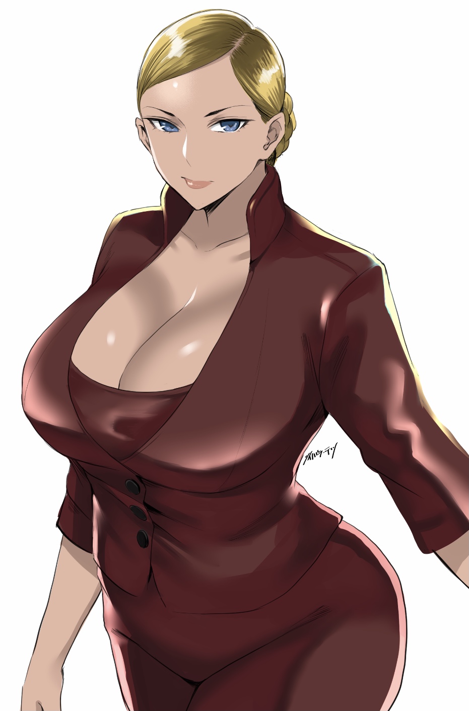 android blonde_hair blue_eyes braid breasts highres huge_breasts jacket kristanna_loken red_jacket red_shirt red_skirt robot shibusun shiibara_tetsu shirt skirt t-x terminator_(series) terminator_3:_rise_of_the_machines