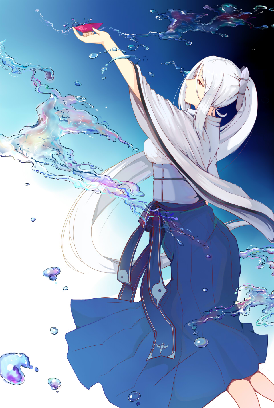 1girl blue_hakama cup female_focus gradient_background hair_ornament hakama hakama_skirt highres holding holding_cup japanese_clothes kaga_(warship_girls_r) kimono long_hair obi ponytail sakazuki sash sidelocks silver_hair skirt solo very_long_hair warship_girls_r white_kimono wide_sleeves xiao_shei..