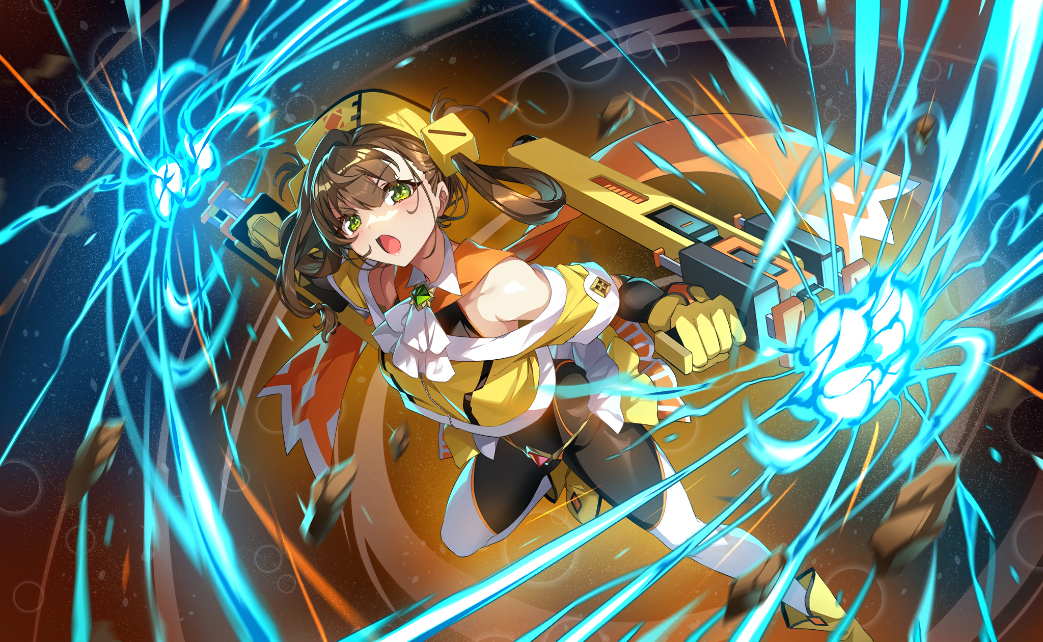 1girl arm_cutout ascot awane_kokoro bare_shoulders beret black_bodysuit black_sleeves bodysuit bodysuit_under_clothes boots brown_hair bubble collared_bodysuit cube_hair_ornament debris detached_sleeves determined dot_nose dual_wielding electricity electrokinesis eyelashes fighting_stance floating_clothes floating_hair foot_out_of_frame frilled_skirt frills game_cg gloves green_brooch green_eyes gun hair_between_eyes hair_ornament hair_rings hat highres holding holding_gun holding_weapon layered_sleeves leg_up light_blush light_particles long_sleeves loose_hair_strand magia_record:_mahou_shoujo_madoka_magica_gaiden magical_girl mahou_shoujo_madoka_magica mahou_shoujo_madoka_magica_magia_exedra miniskirt off-shoulder_shirt off_shoulder official_art open_mouth orange_scarf scarf senri_gan shirt short_over_long_sleeves short_sleeves showgirl_skirt single_hair_intake skirt sleeveless sleeveless_bodysuit solo striped_clothes striped_skirt thighhighs v-shaped_eyebrows vertical-striped_clothes vertical-striped_skirt weapon white_ascot white_thighhighs yellow_background yellow_boots yellow_gloves yellow_hat yellow_shirt yellow_skirt
