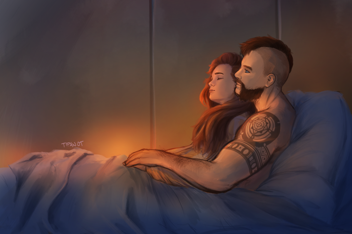 1boy 1girl aloy_(horizon) arm_hair arm_tattoo artist_name brown_hair closed_eyes erend_vanguardsman facial_hair hetero horizon_(video_game) horizon_forbidden_west horizon_zero_dawn indoors long_hair mohawk mutton_chops night pillow tattoo tipanot topless_male under_covers