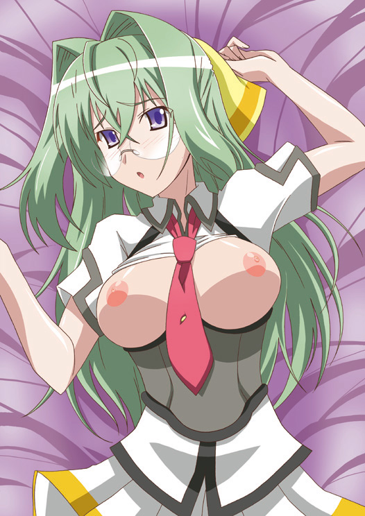 00s 1girl ahoge bed_sheet blush breasts female_focus framed_breasts glasses green_hair kannagi_itsuki large_breasts long_hair lying necktie nipples on_back open_mouth paopa_ship purple_eyes shimoyama_mutsumi solo sora_wo_kakeru_shoujo very_long_hair