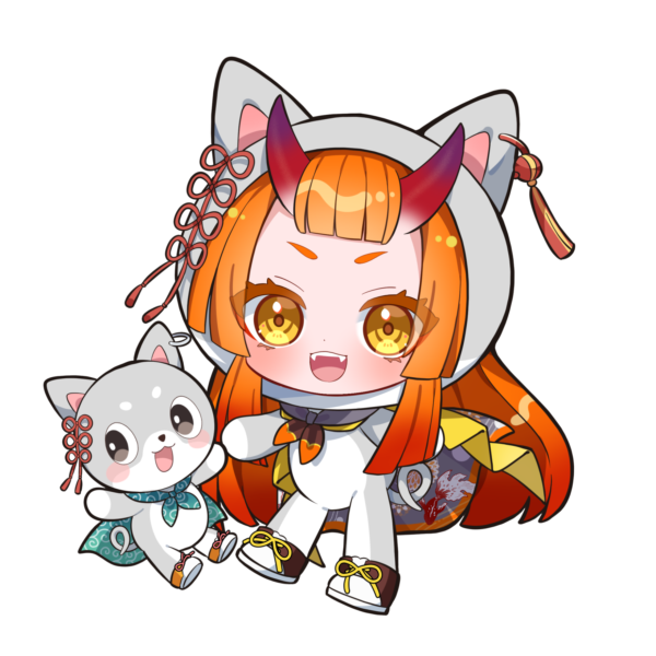 1boy 1girl :d animal_ear_hood blush bond_en bondlive brown_shoes cape chibi colored_eyelashes demon_horns dot_nose fake_animal_ears fangs full_body gradient_hair gradient_horns green_cape hood horns ibaraki_natou multicolored_hair multicolored_horns okonomi_aki one-chi onesie open_mouth orange_hair orange_shoes red_hair shoes simple_background skin-covered_horns smile tassel teeth tongue transparent_background upper_teeth_only virtual_youtuber yellow_eyes
