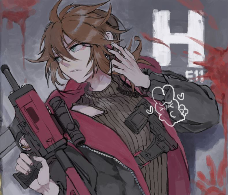 1boy alternate_costume artist_self-insert black_jacket black_sweater blood blood_on_wall brown_hair green_eyes gun hair_between_eyes holding holding_gun holding_weapon isoi_reiji jacket long_sleeves male_focus medium_hair meniusa_lau ribbed_sweater saibou_shinkyoku solo sweater two-sided_fabric two-sided_jacket upper_body weapon