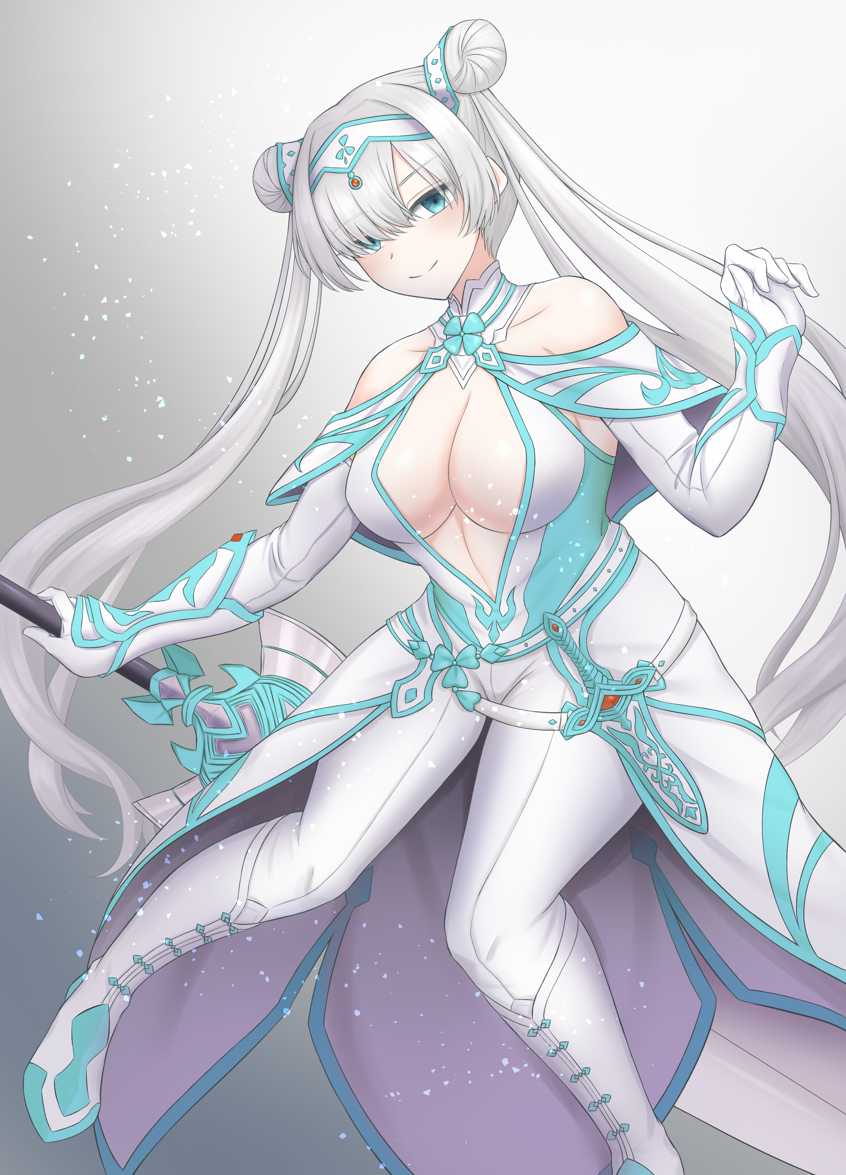 1girl absurdres anastasia_(fate) arm_guards bare_shoulders blue_eyes blue_trim blush boots breasts britomart_(fate) britomart_(fate)_(cosplay) britomart_(second_ascension)_(fate) capelet center_opening cleavage cosplay double_bun dress elbow_gloves fate/grand_order fate_(series) gloves greatsword hair_bun hair_over_one_eye hairband highres knee_boots large_breasts long_hair looking_at_viewer pants solo sword taut_clothes taut_dress tight_clothes tight_pants twintails utsugi_(karautu_gi) very_long_hair weapon white_boots white_capelet white_dress white_gloves white_hair white_pants