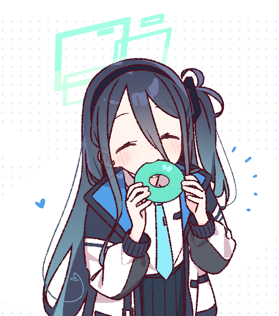 1girl aqua_halo black_hair black_hairband black_skirt blue_archive blue_necktie closed_eyes commentary donut eating food hair_between_eyes hairband halftone halftone_background halo heart holding holding_food jacket long_hair midori_(blue_archive) necktie open_clothes open_jacket pleated_skirt shirt skirt upper_body white_background white_jacket white_shirt yoru_nai