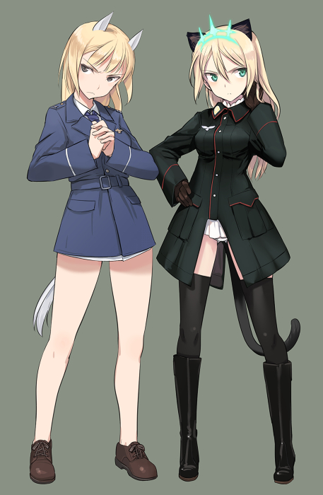 2girls animal_ears black_legwear blonde_hair blush brown_eyes cat_ears cat_girl cat_tail commentary_request gloves green_eyes heinrike_prinzessin_zu_sayn-wittgenstein hirschgeweih_antennas horse_girl long_hair marian_e._carl military military_uniform multiple_girls noble_witches panties shimada_fumikane strike_witches tail thighhighs underwear world_witches_series