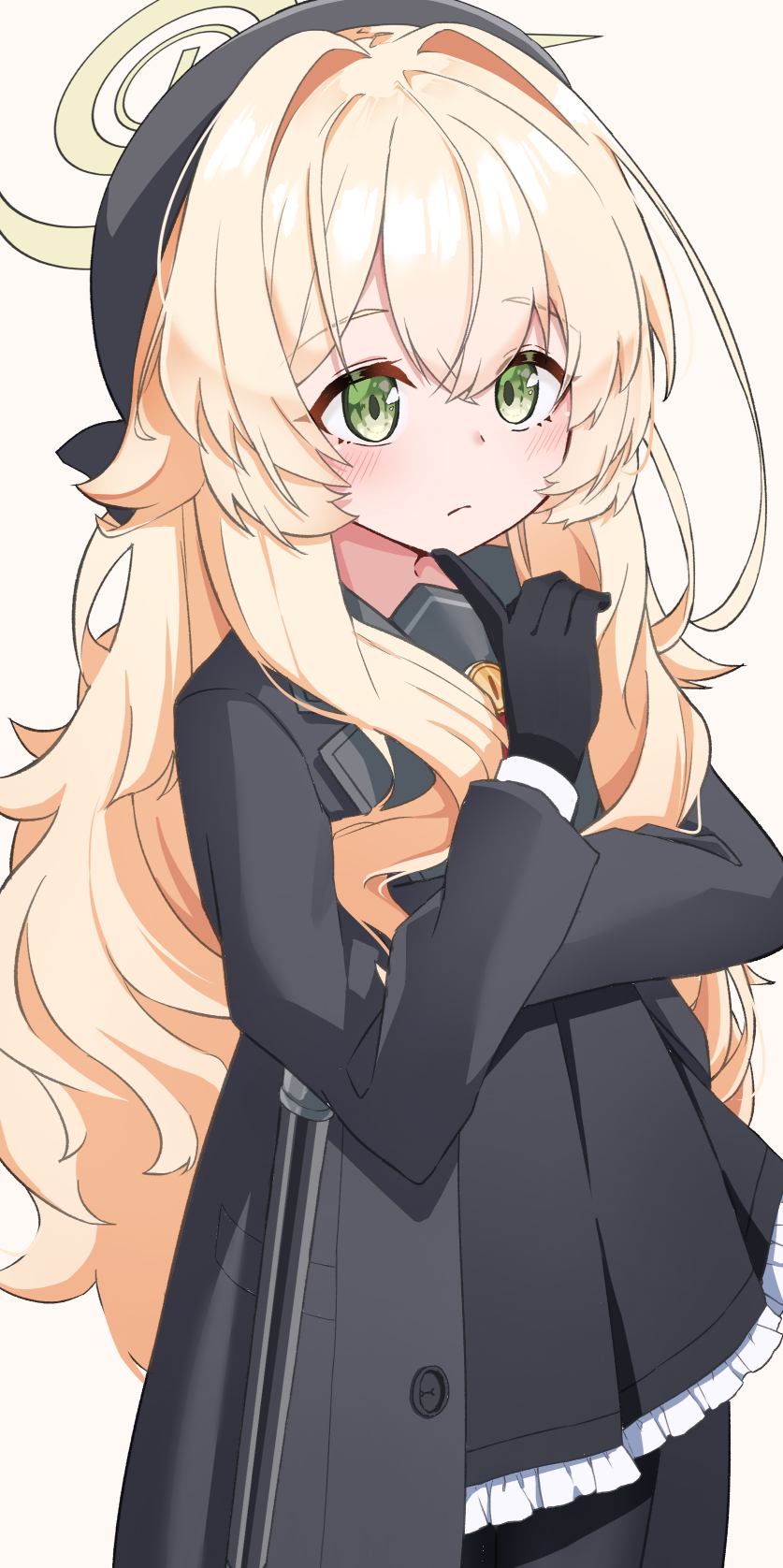 1girl beret black_gloves black_hat black_jacket black_pantyhose black_sailor_collar black_serafuku black_shirt black_skirt blonde_hair blue_archive blush brown_background closed_mouth commentary_request frilled_skirt frills gloves green_eyes hair_between_eyes hair_intakes halo hand_up hat highres index_finger_raised jacket long_hair long_sleeves nenosame open_clothes open_jacket pantyhose pleated_skirt professor_niyaniya_(blue_archive) sailor_collar school_uniform serafuku shirt simple_background skirt solo very_long_hair